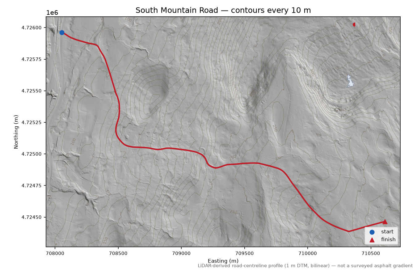 South Mountain Road LiDAR hillshade map with contours