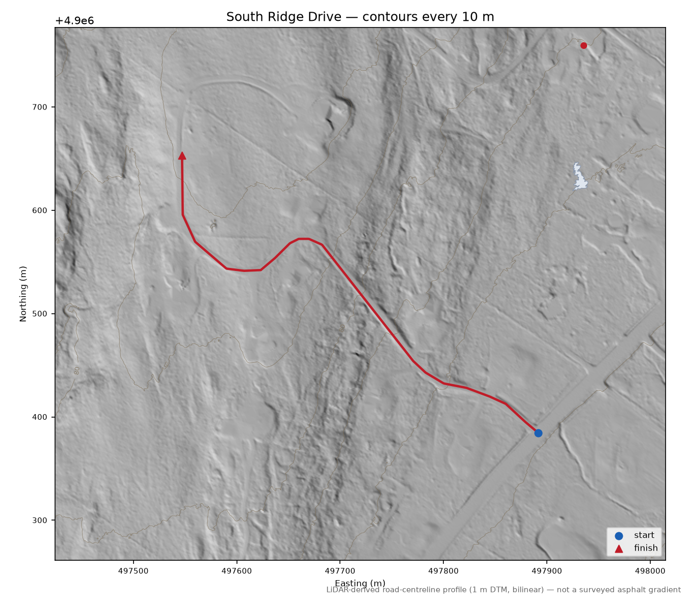 South Ridge Drive LiDAR hillshade map with contours