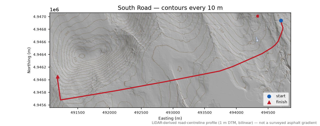 South Road LiDAR hillshade map with contours