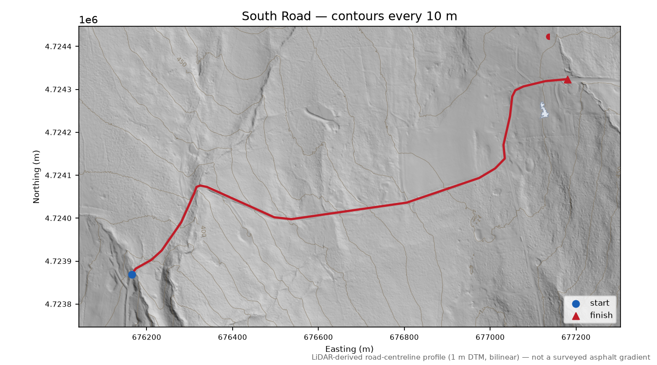 South Road LiDAR hillshade map with contours