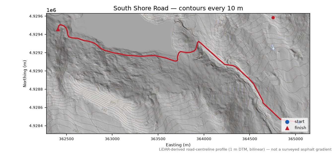 South Shore Road LiDAR hillshade map with contours