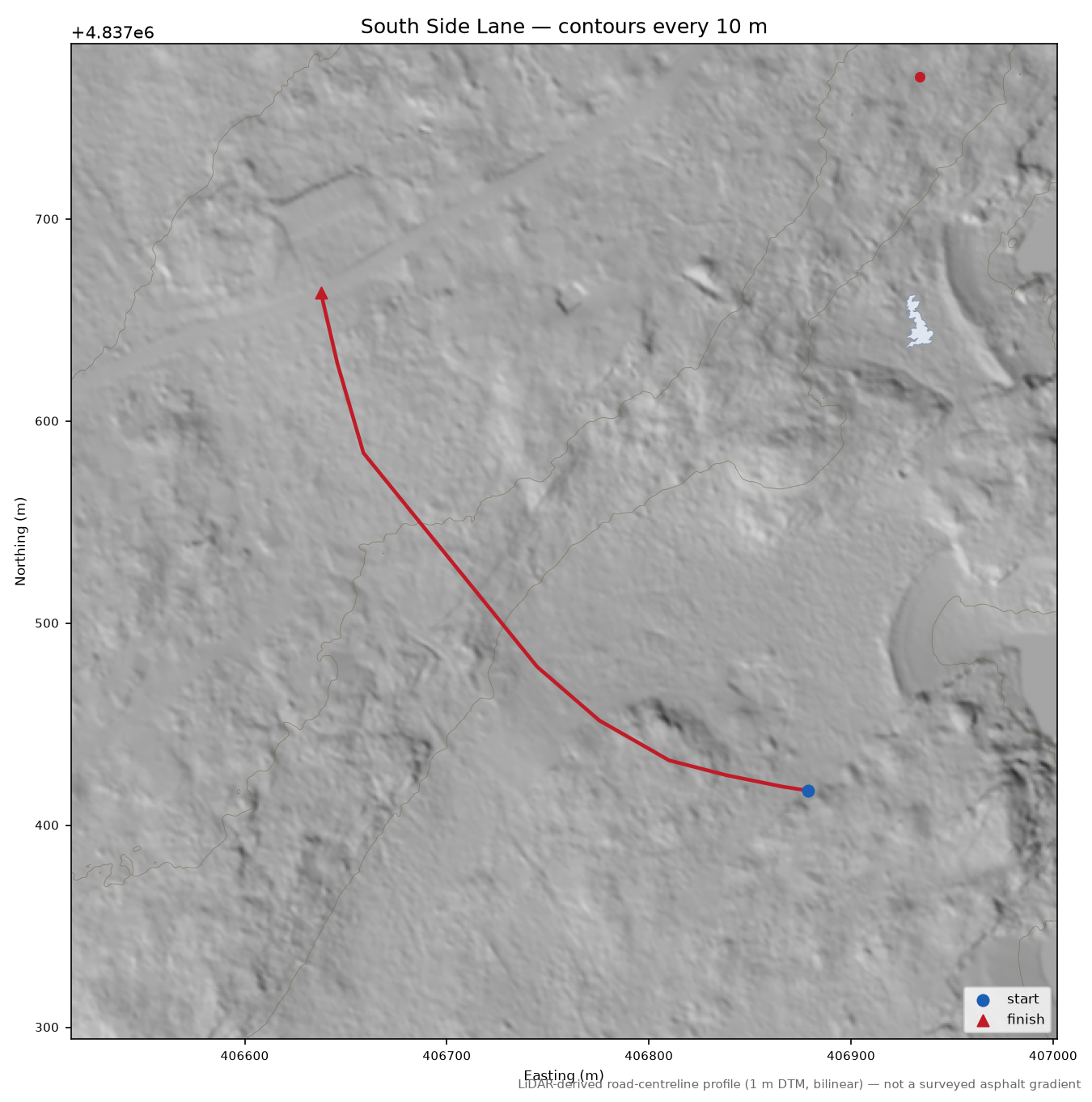South Side Lane LiDAR hillshade map with contours