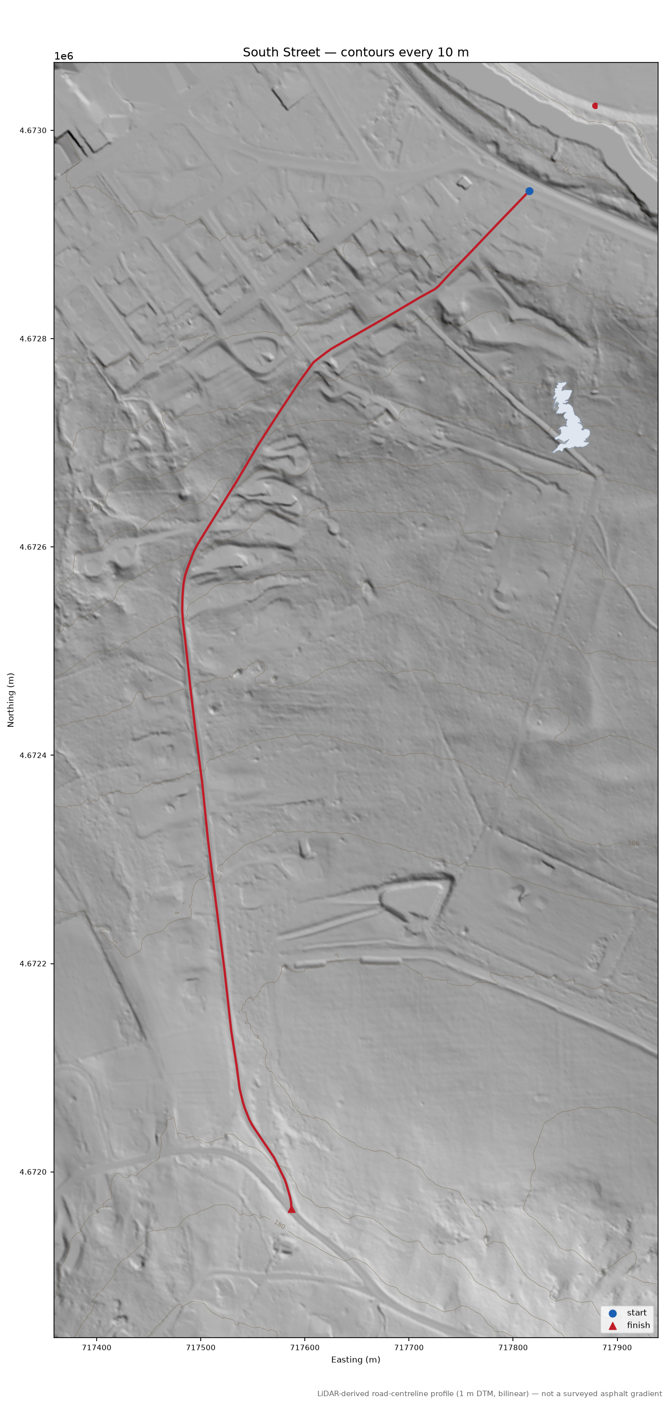 South Street LiDAR hillshade map with contours