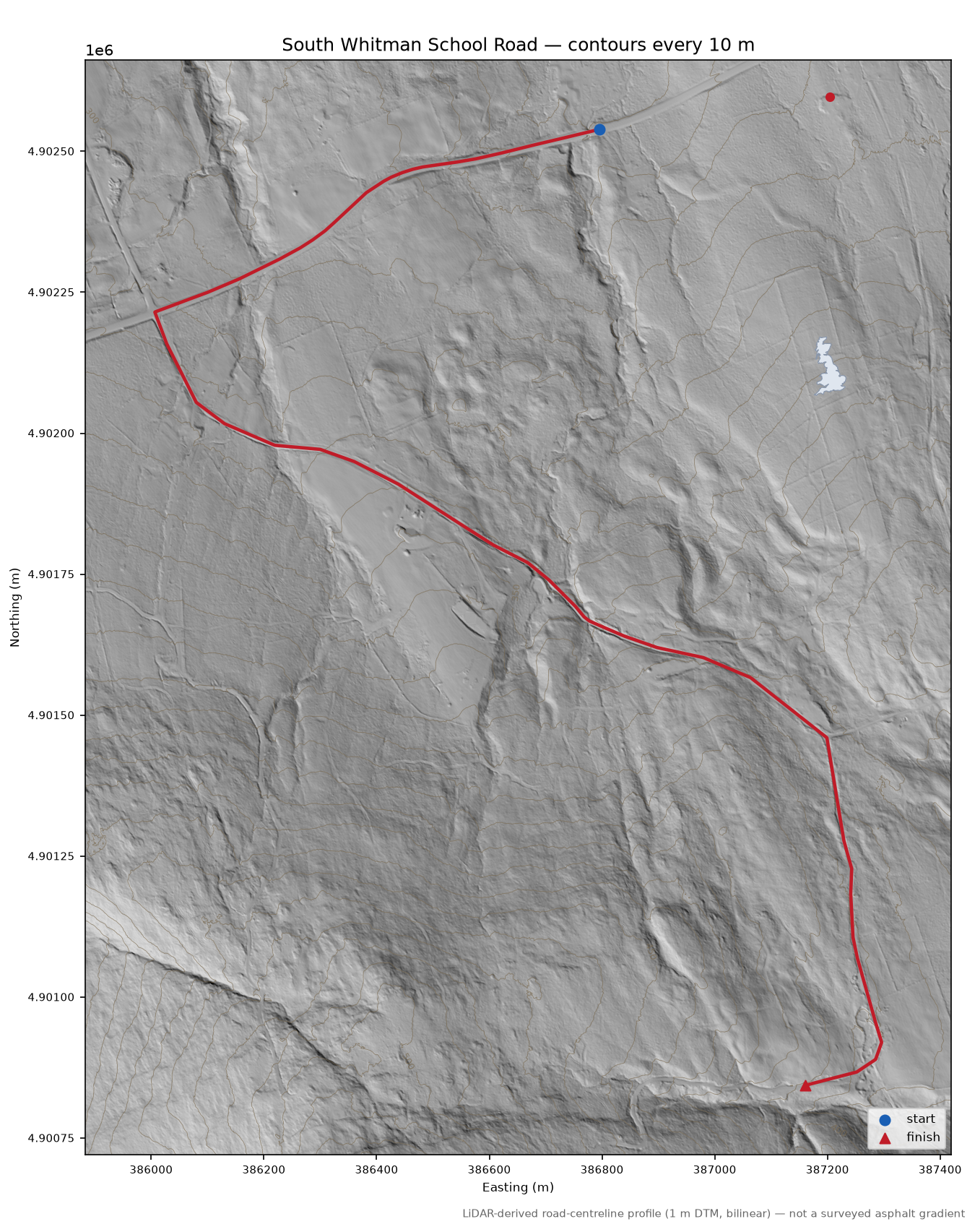 South Whitman School Road LiDAR hillshade map with contours