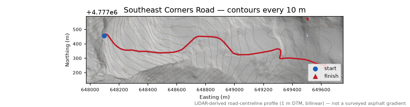 Southeast Corners Road LiDAR hillshade map with contours