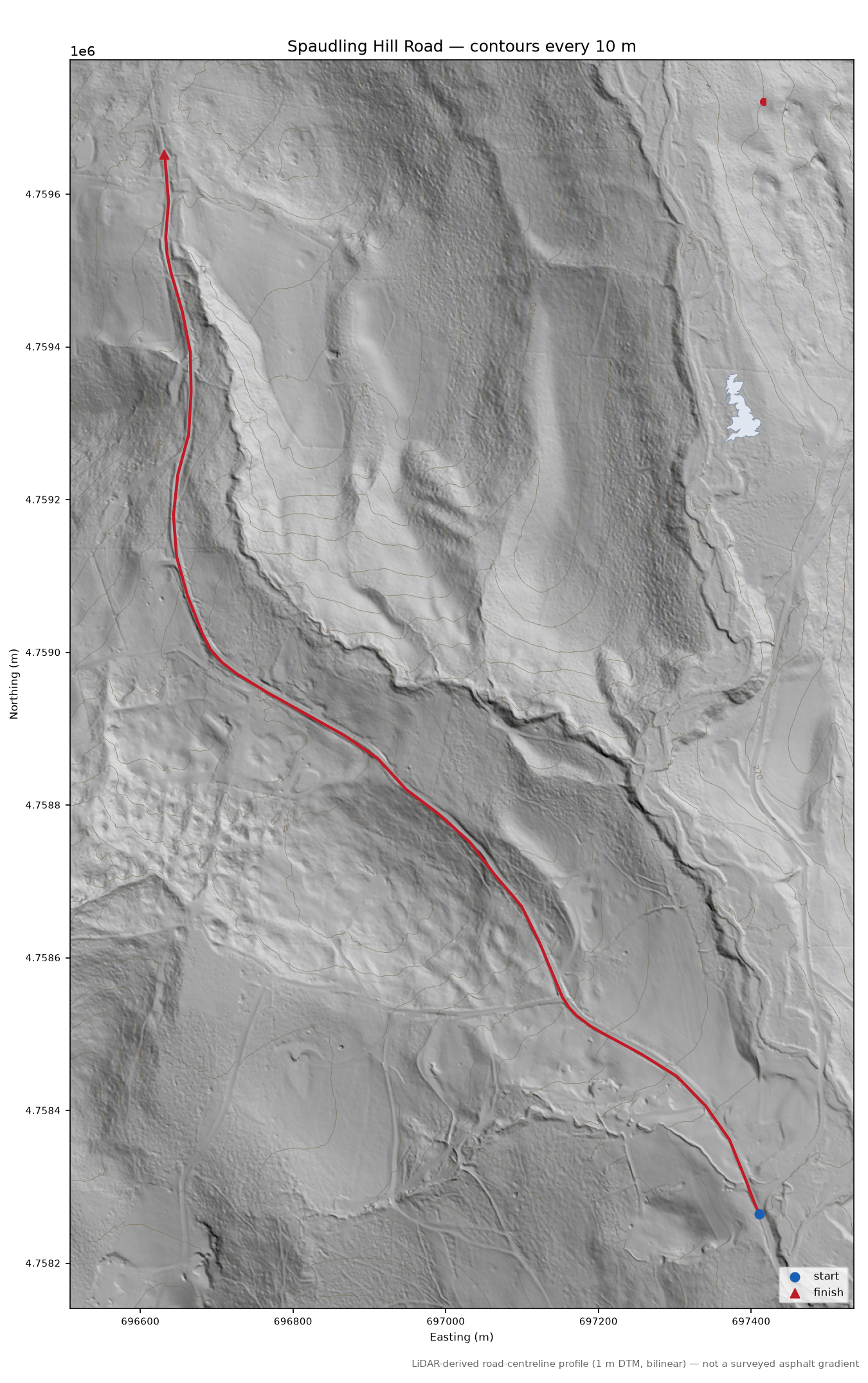 Spaudling Hill Road LiDAR hillshade map with contours