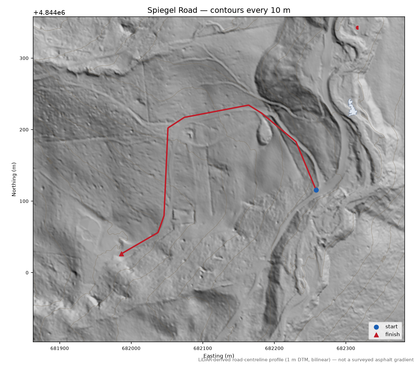 Spiegel Road LiDAR hillshade map with contours