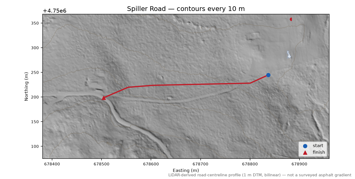 Spiller Road LiDAR hillshade map with contours