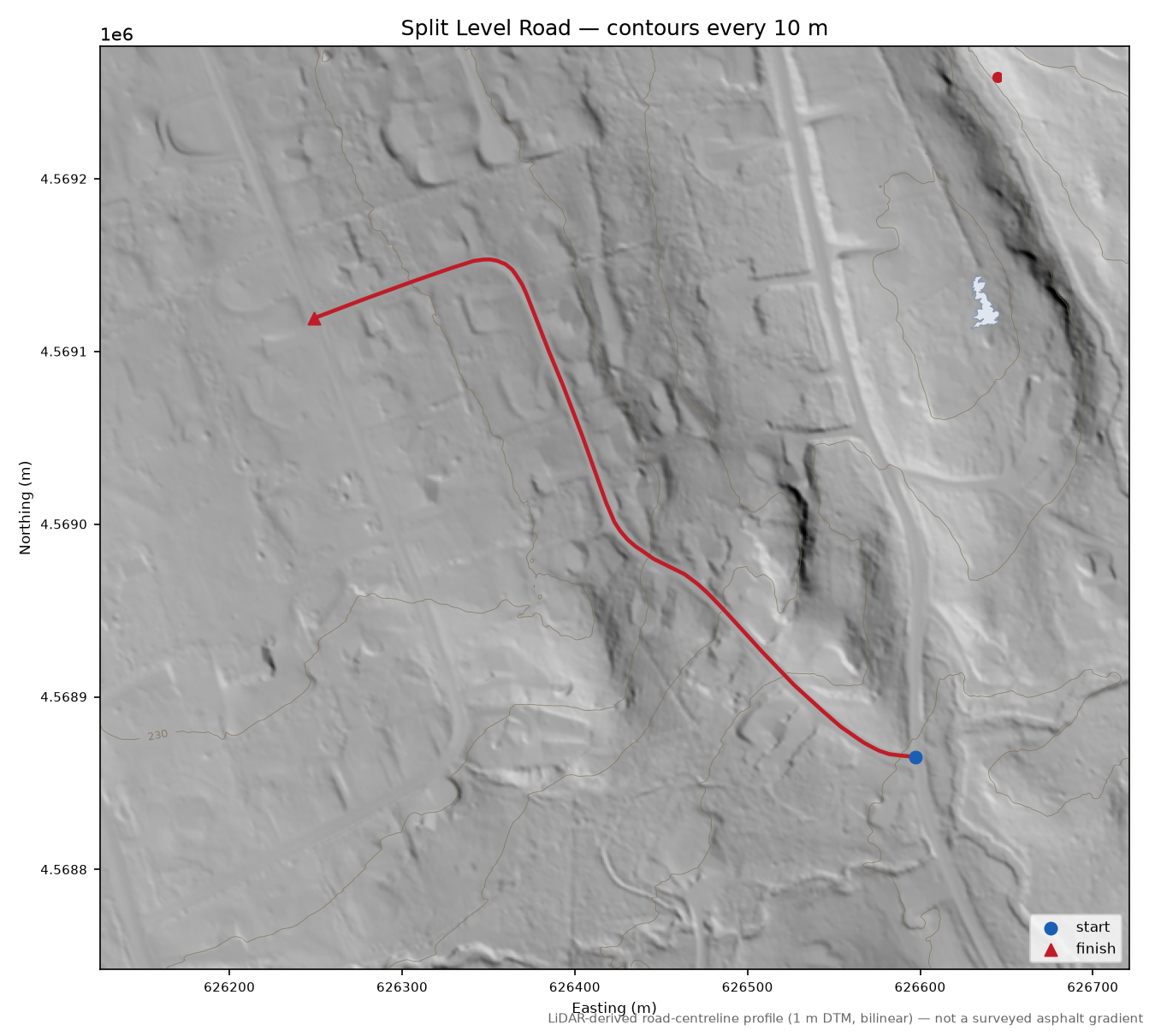 Split Level Road LiDAR hillshade map with contours