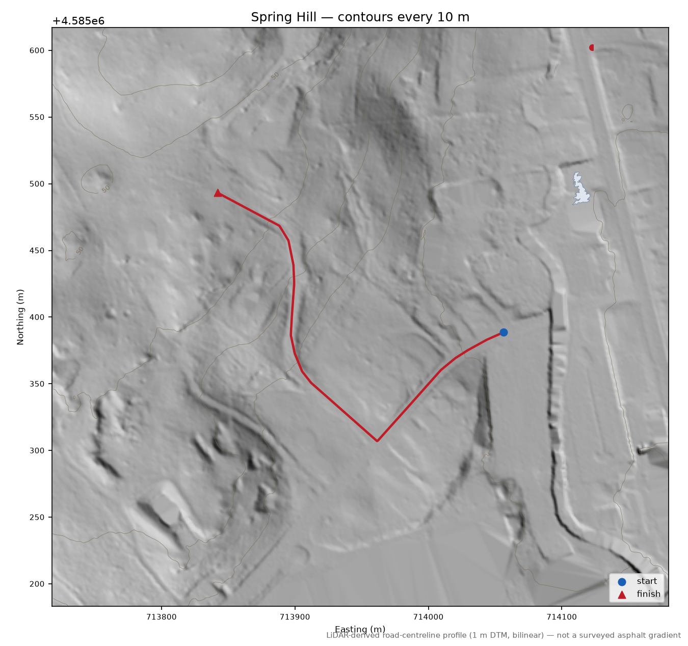 Spring Hill LiDAR hillshade map with contours