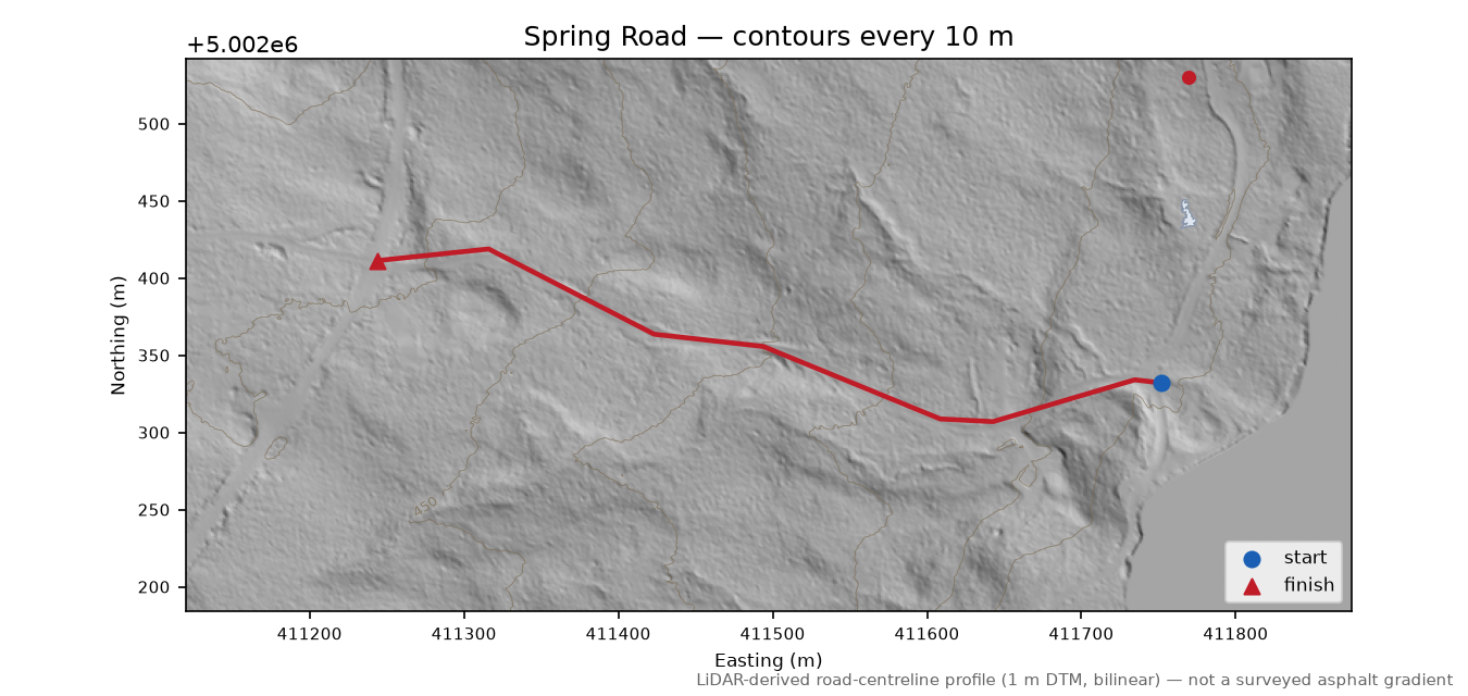 Spring Road LiDAR hillshade map with contours