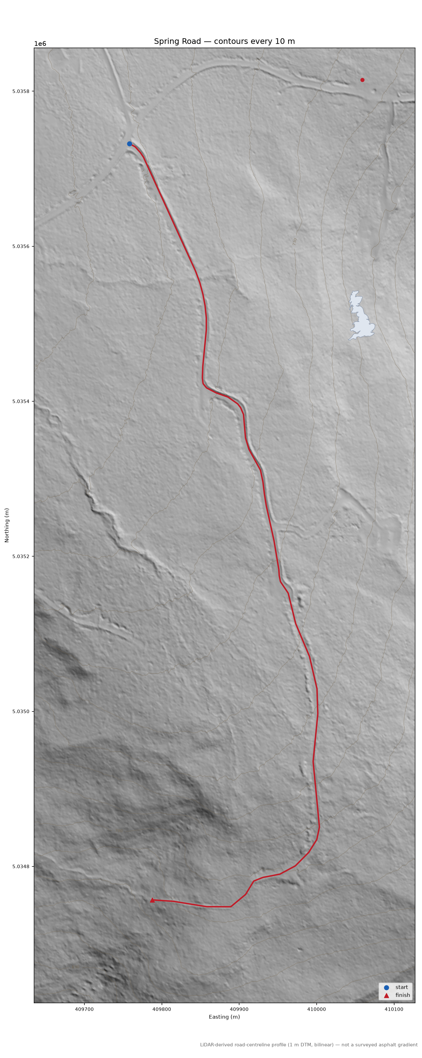 Spring Road LiDAR hillshade map with contours