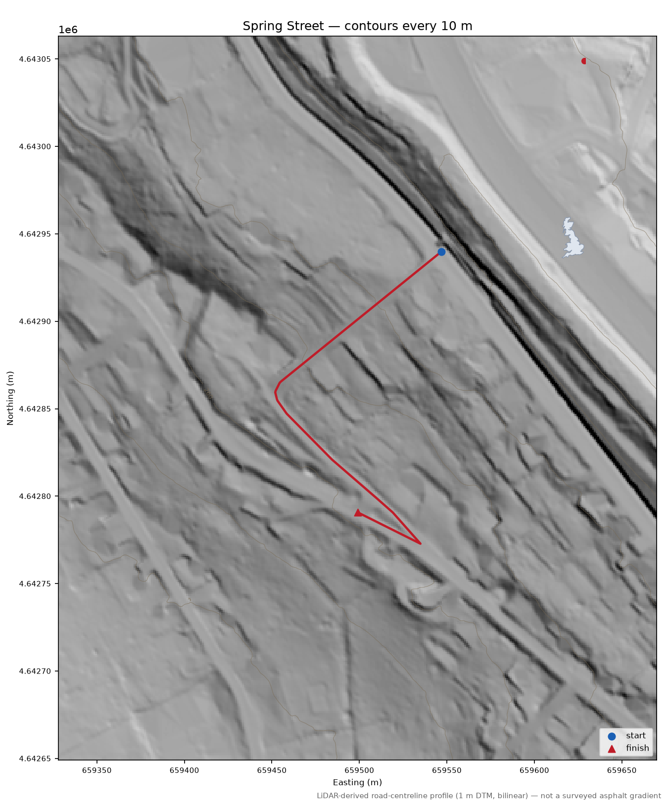 Spring Street LiDAR hillshade map with contours