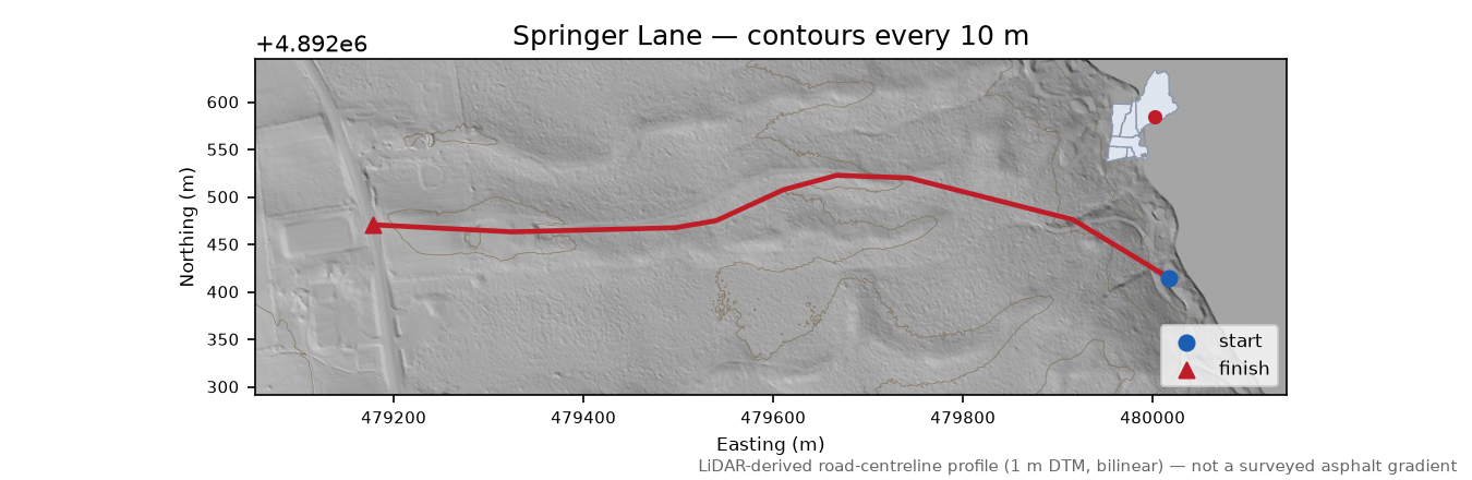Springer Lane LiDAR hillshade map with contours