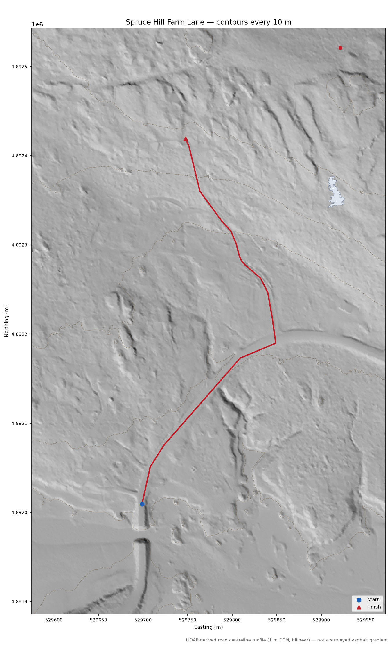 Spruce Hill Farm Lane LiDAR hillshade map with contours