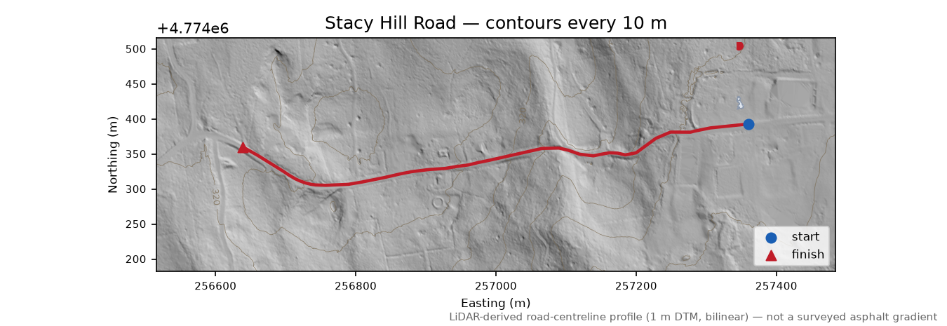 Stacy Hill Road LiDAR hillshade map with contours