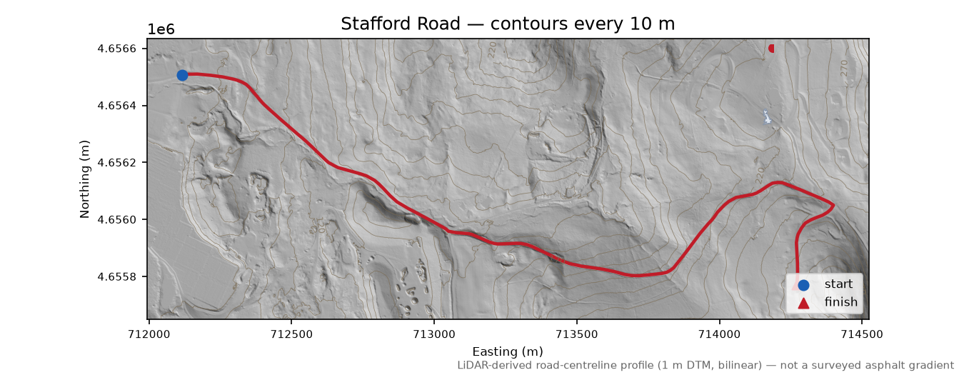 Stafford Road LiDAR hillshade map with contours