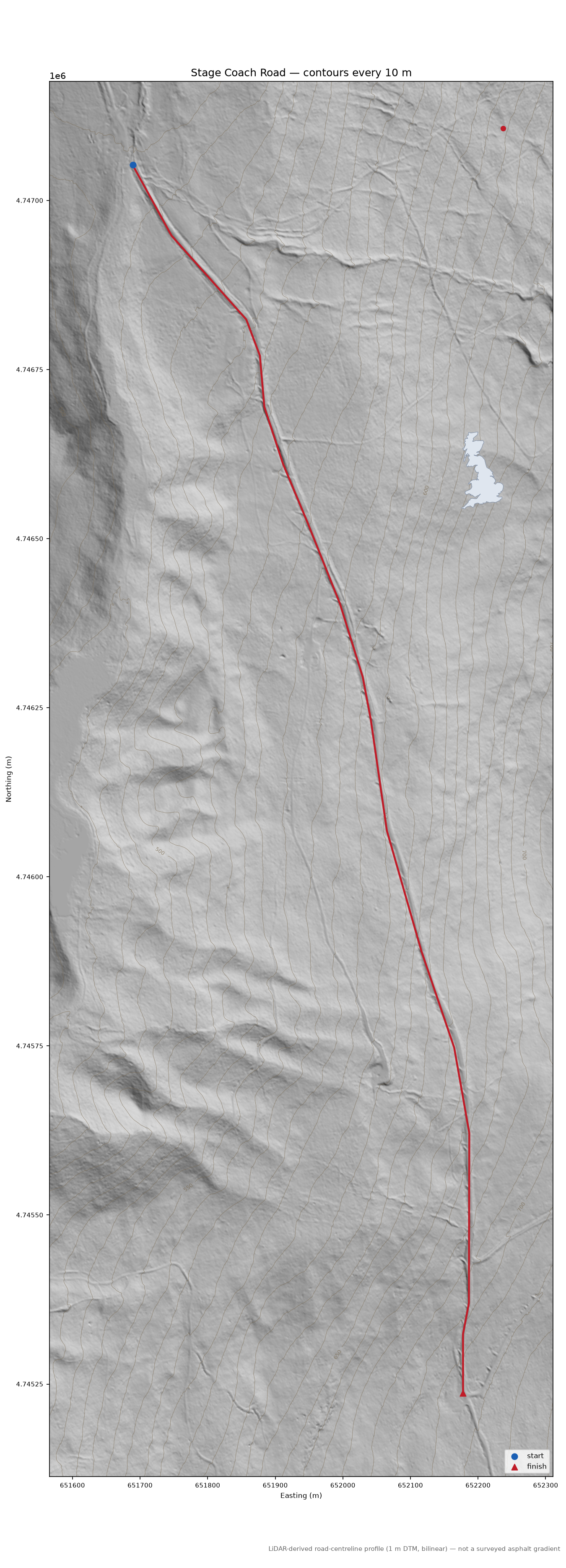 Stage Coach Road LiDAR hillshade map with contours