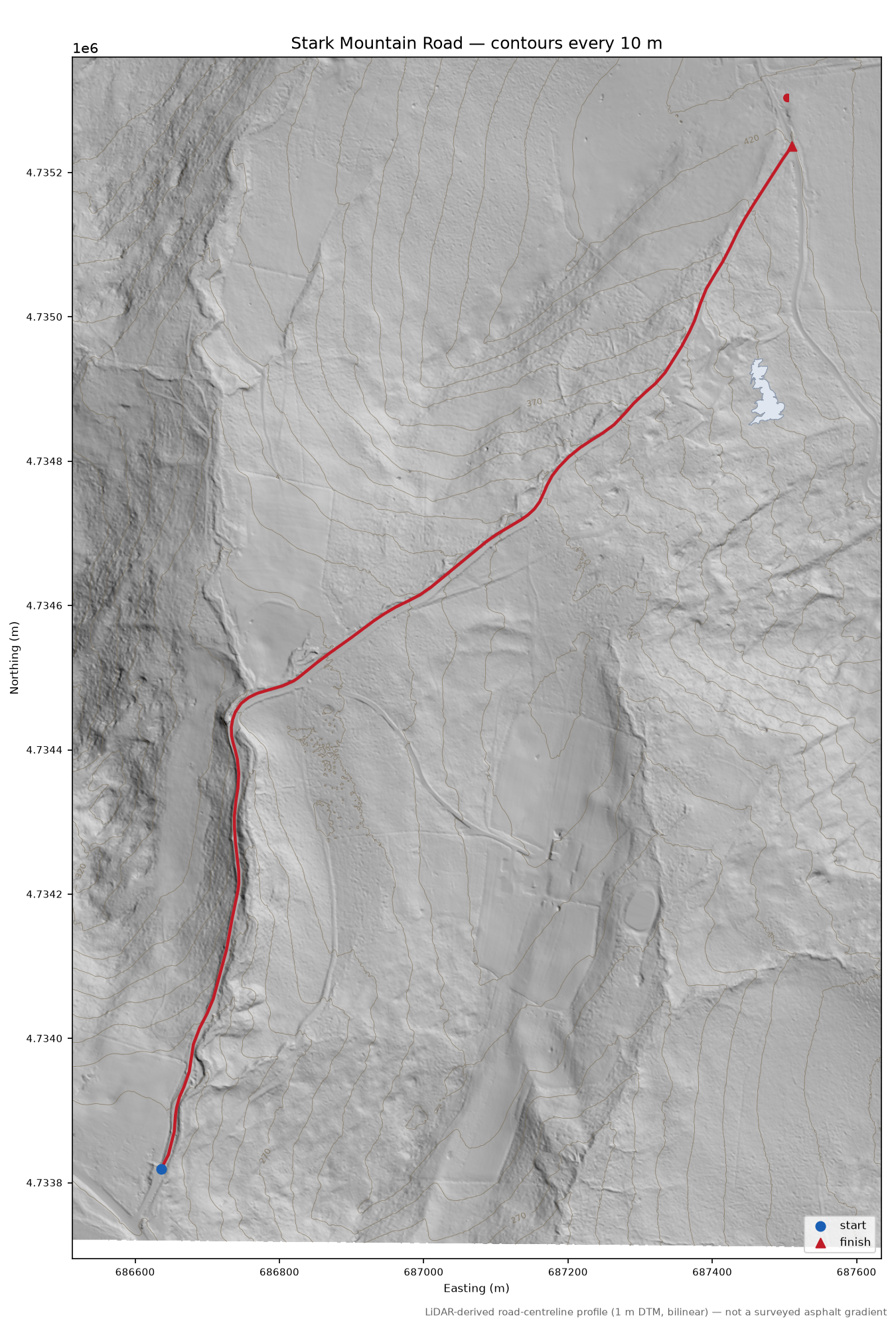 Stark Mountain Road LiDAR hillshade map with contours