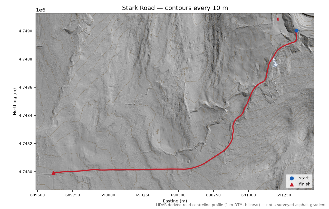 Stark Road LiDAR hillshade map with contours