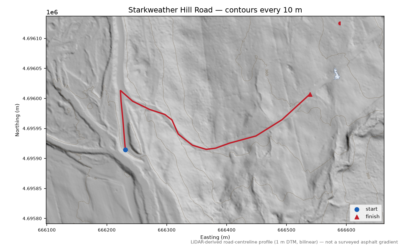 Starkweather Hill Road LiDAR hillshade map with contours