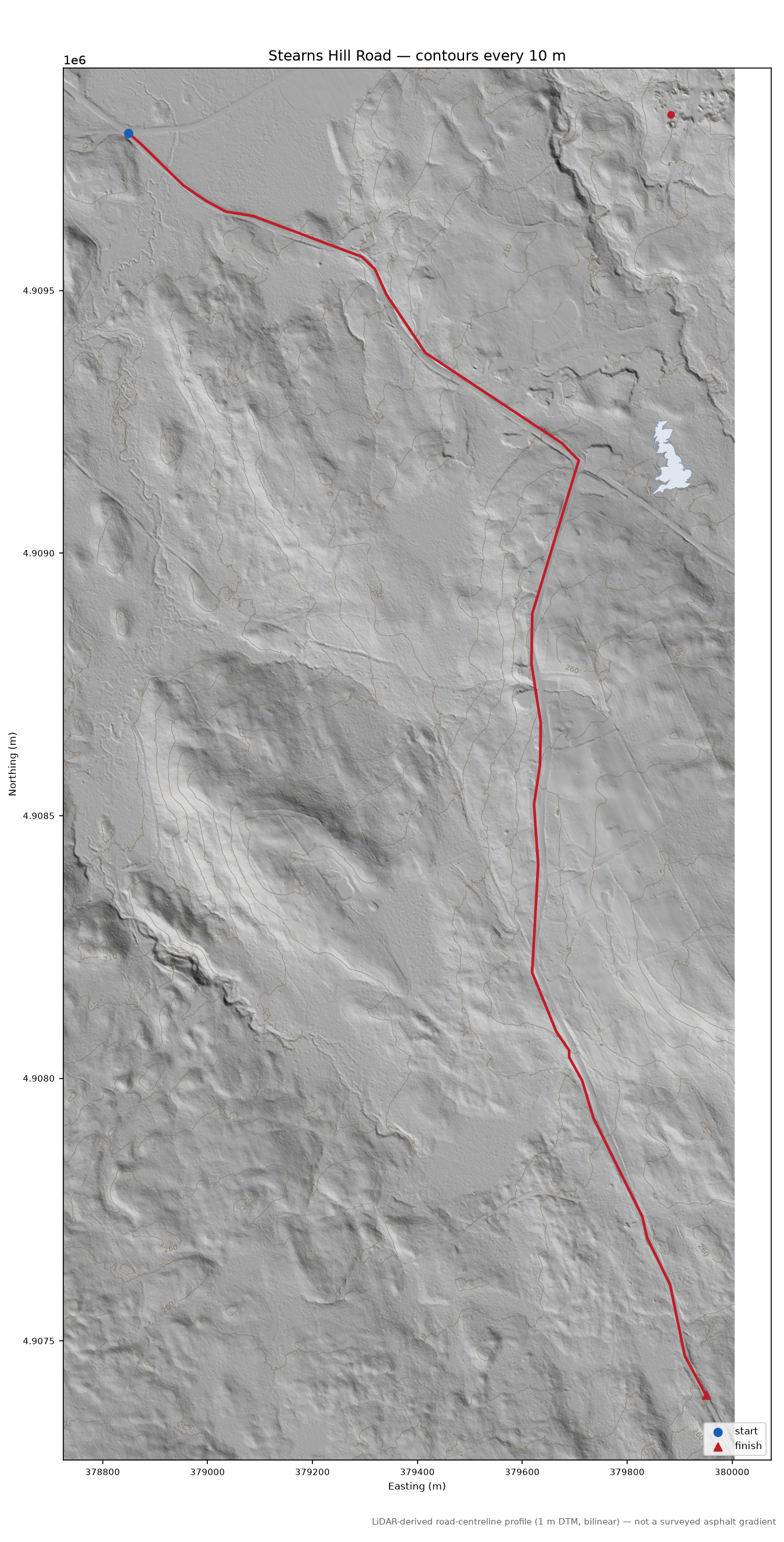 Stearns Hill Road LiDAR hillshade map with contours