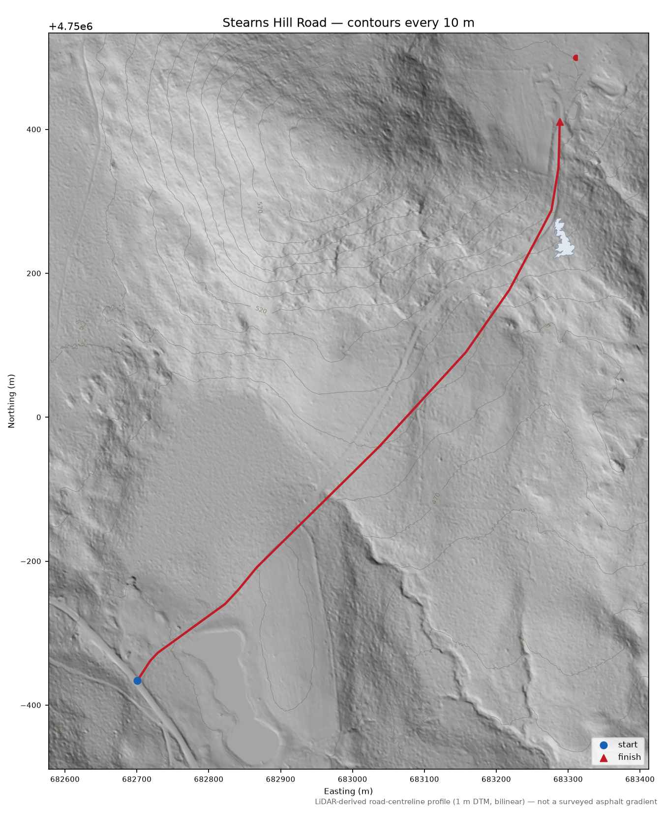 Stearns Hill Road LiDAR hillshade map with contours