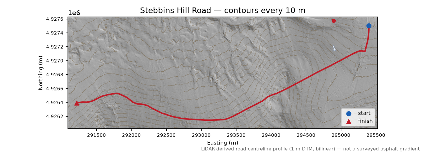Stebbins Hill Road LiDAR hillshade map with contours