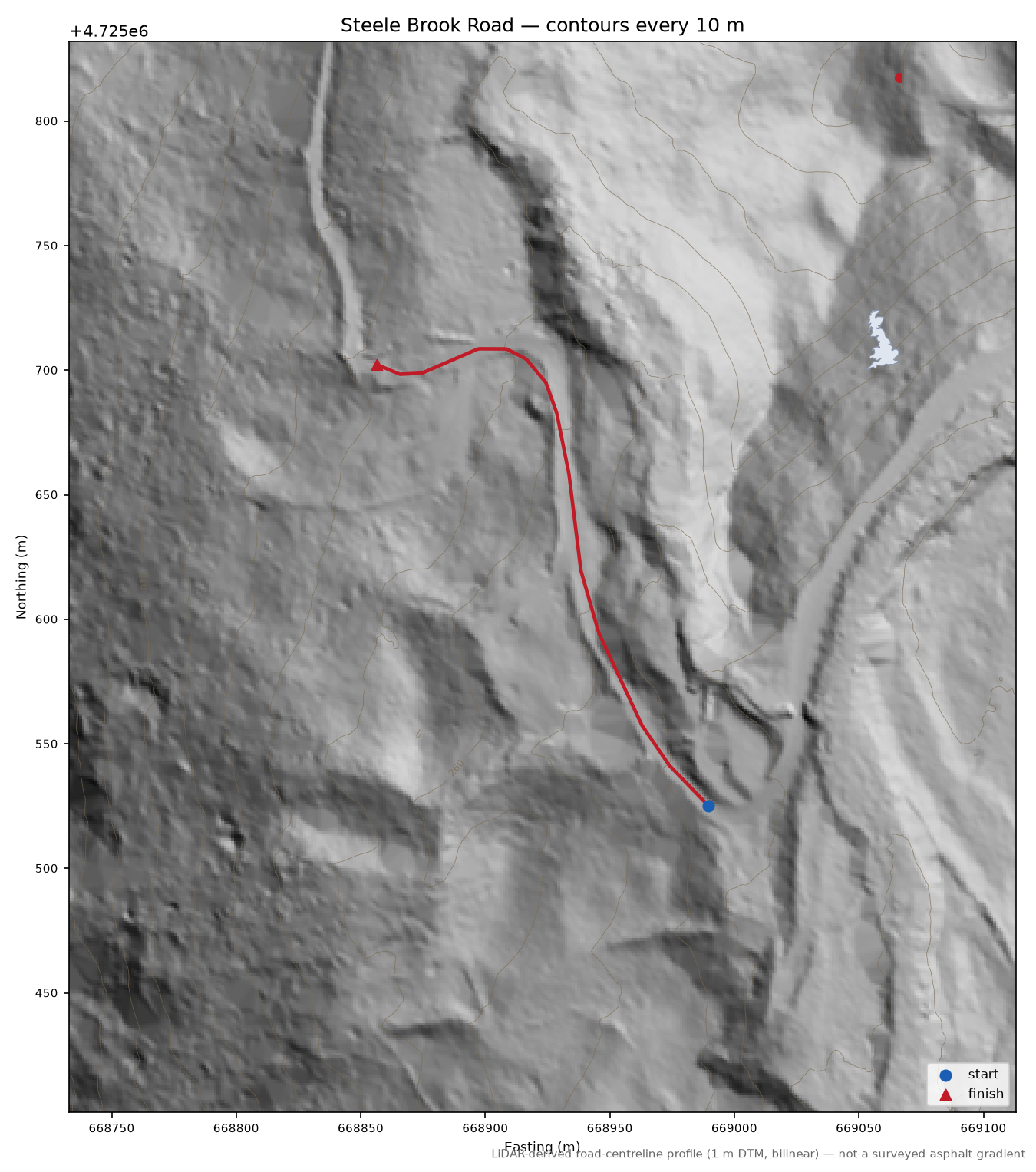 Steele Brook Road LiDAR hillshade map with contours