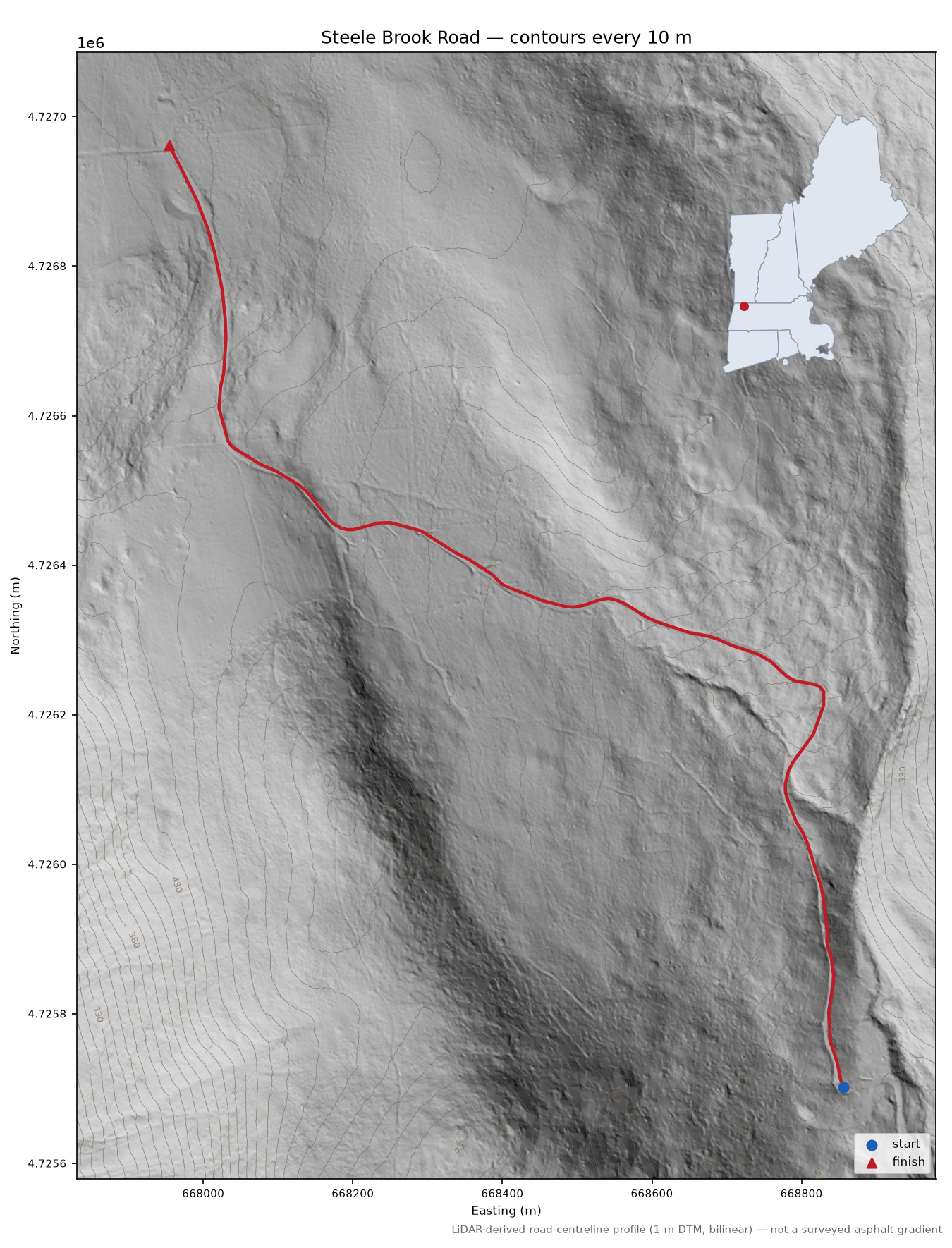 Steele Brook Road LiDAR hillshade map with contours