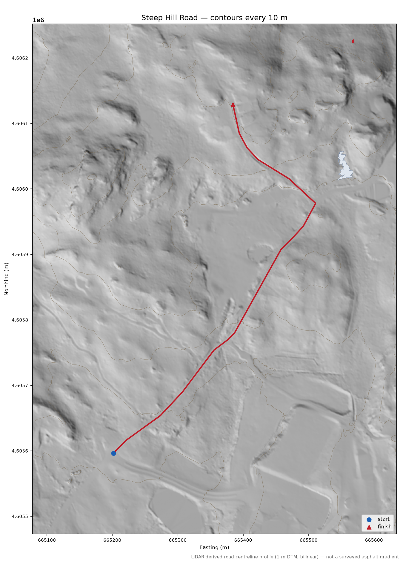 Steep Hill Road LiDAR hillshade map with contours