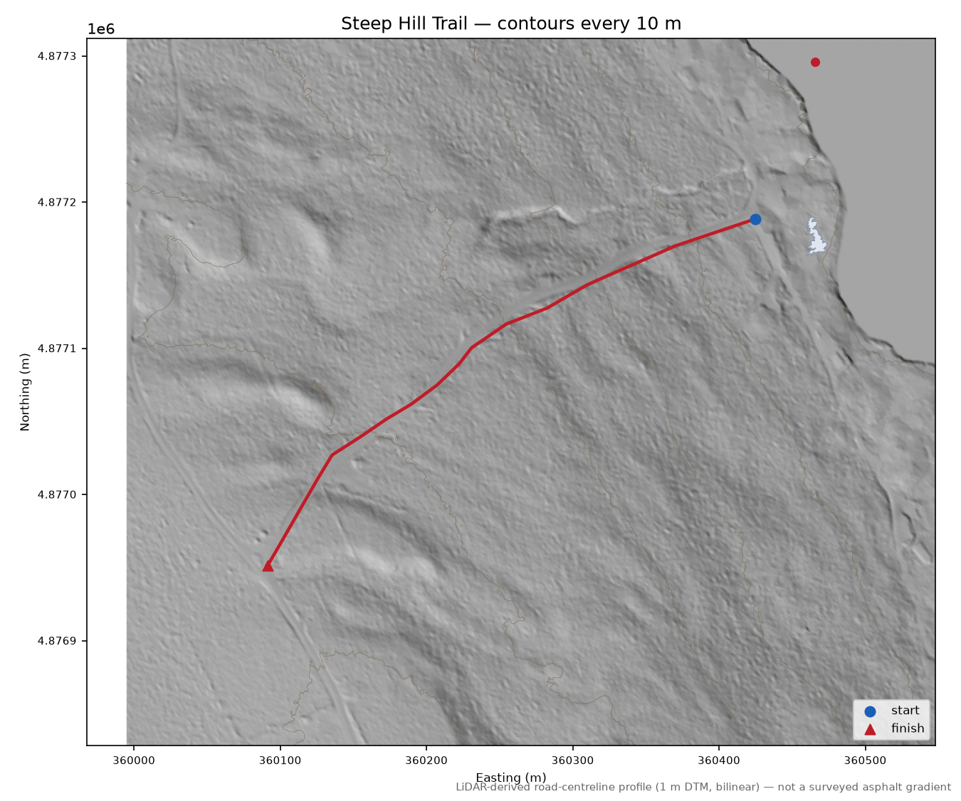 Steep Hill Trail LiDAR hillshade map with contours