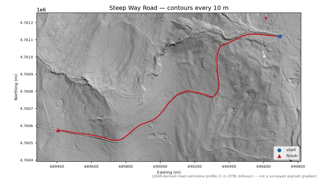 Steep Way Road LiDAR hillshade map with contours
