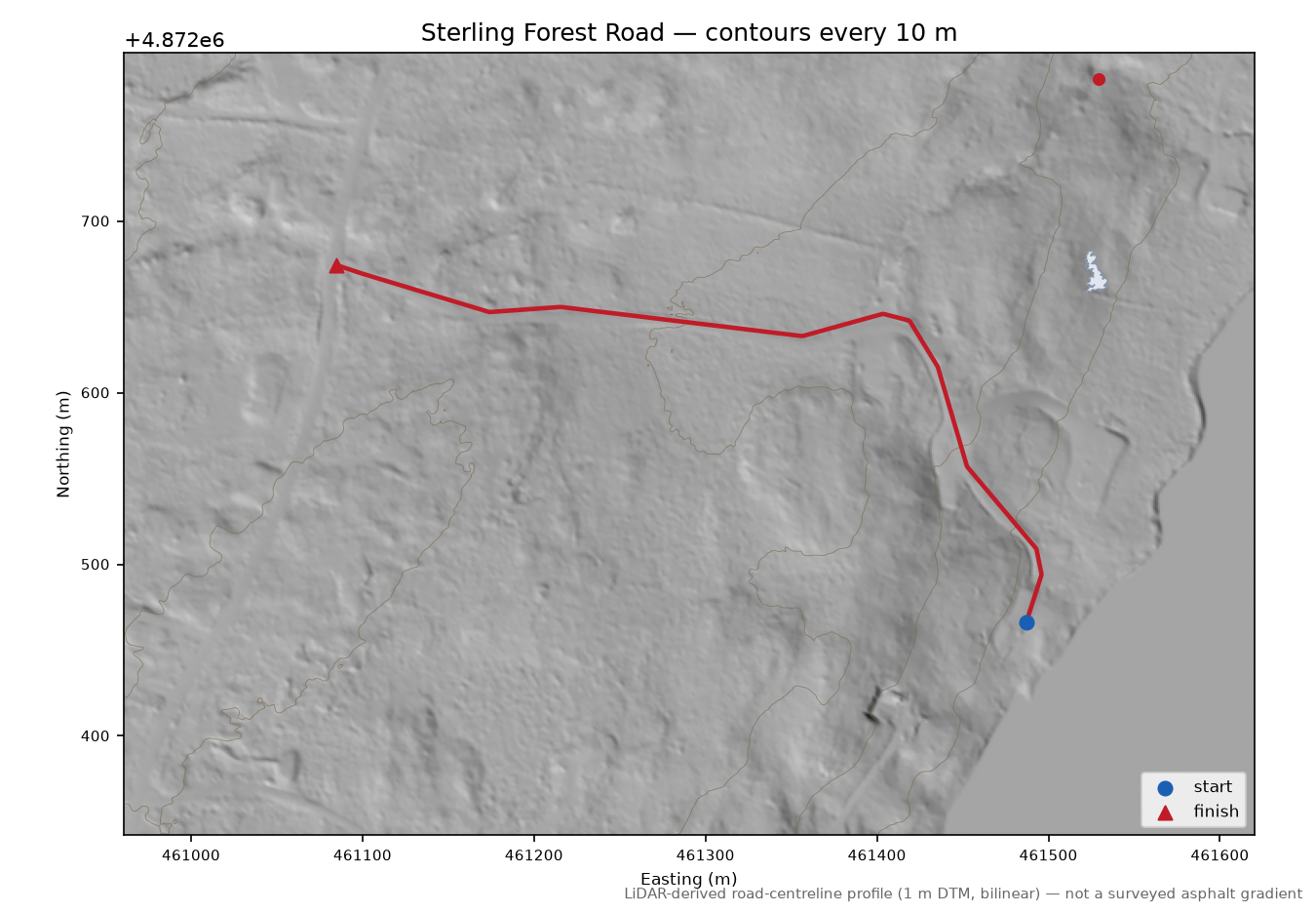 Sterling Forest Road LiDAR hillshade map with contours