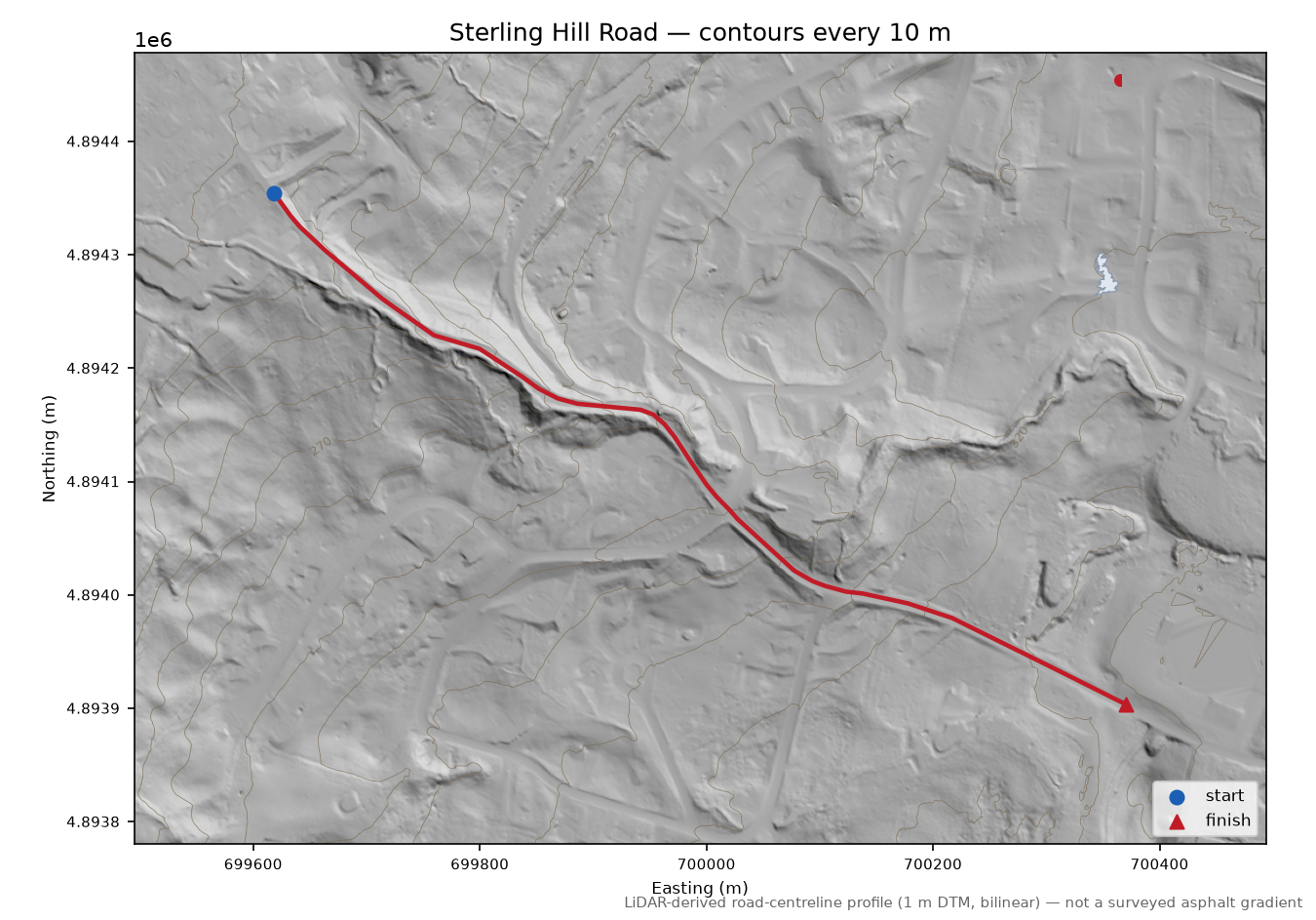 Sterling Hill Road LiDAR hillshade map with contours