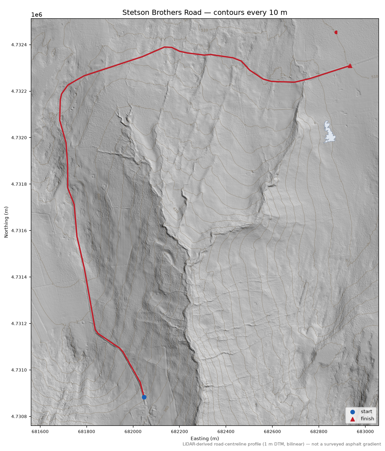 Stetson Brothers Road LiDAR hillshade map with contours
