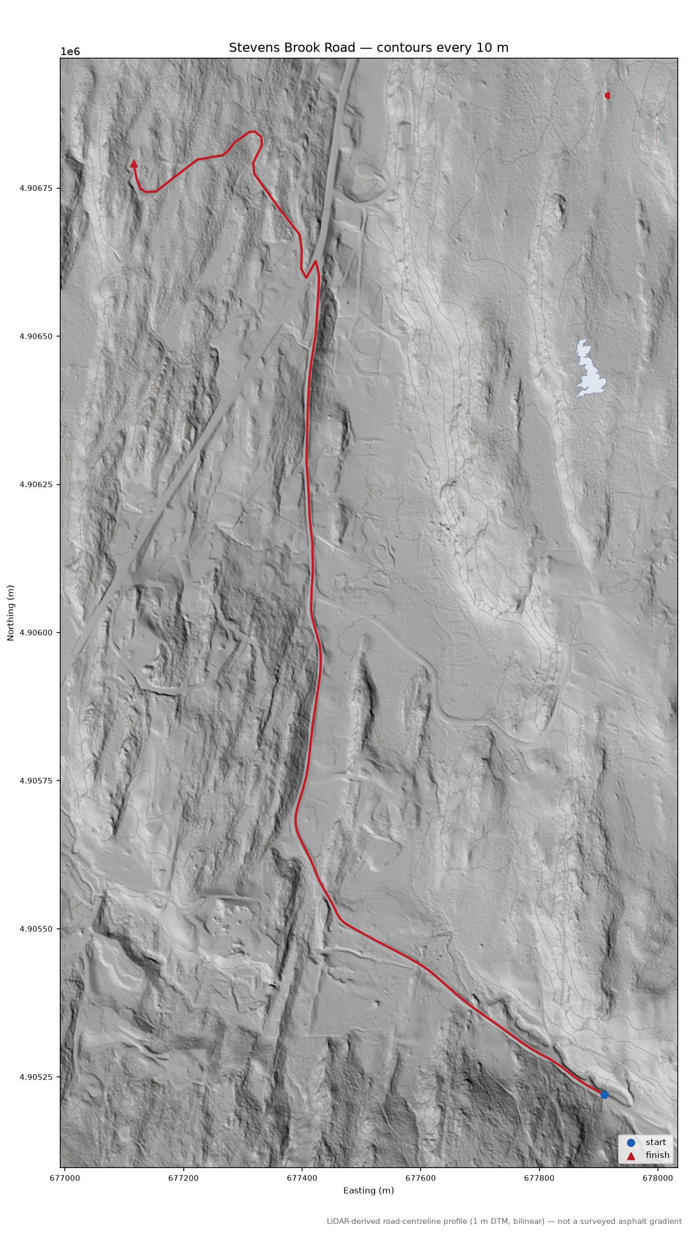 Stevens Brook Road LiDAR hillshade map with contours