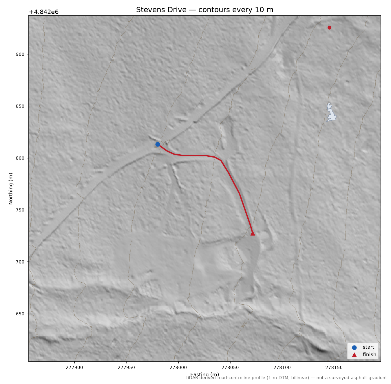 Stevens Drive LiDAR hillshade map with contours