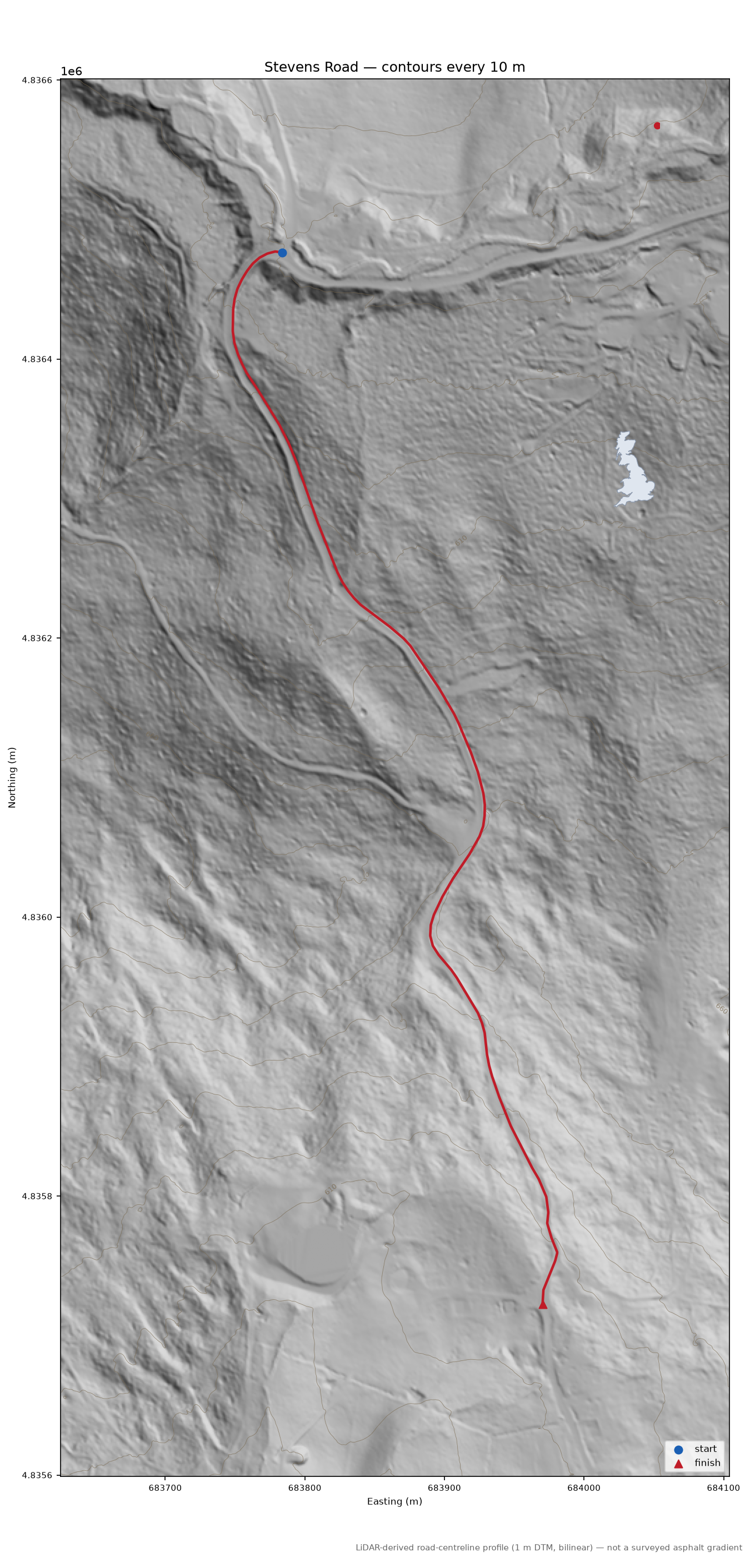 Stevens Road LiDAR hillshade map with contours