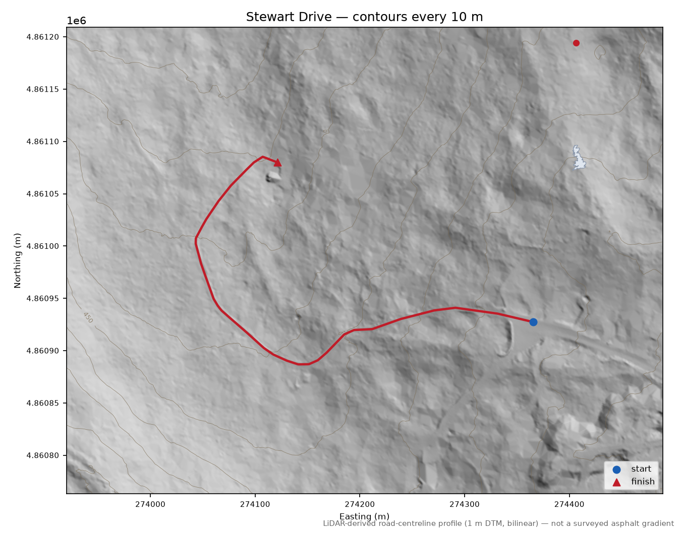 Stewart Drive LiDAR hillshade map with contours