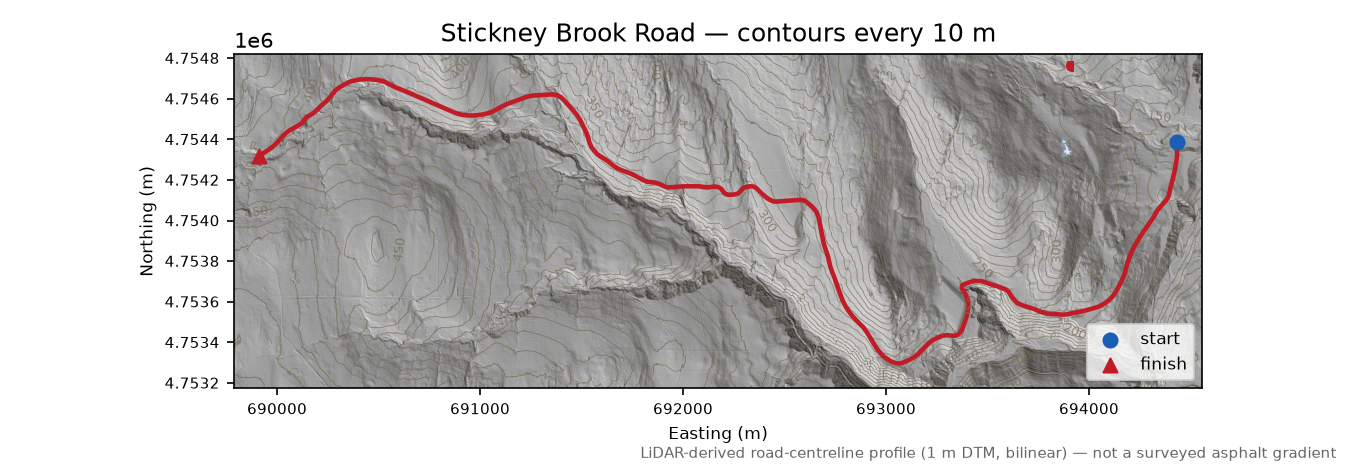 Stickney Brook Road LiDAR hillshade map with contours
