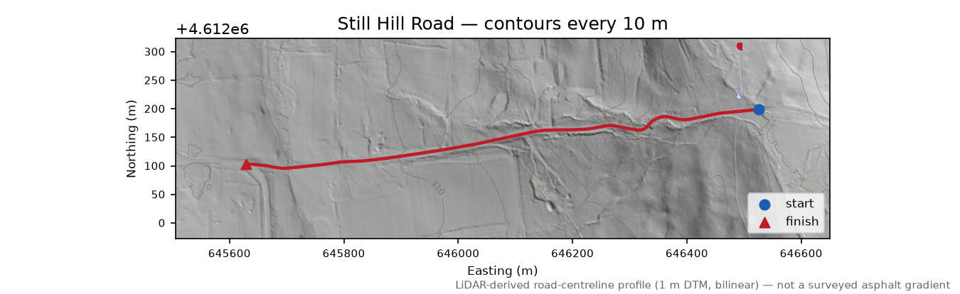 Still Hill Road LiDAR hillshade map with contours