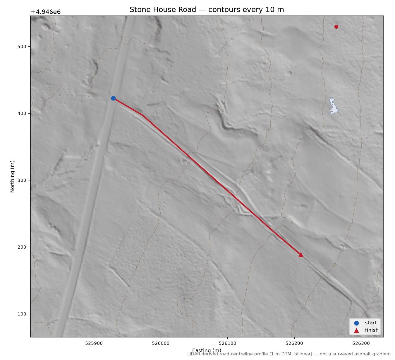 Stone House Road LiDAR hillshade map with contours