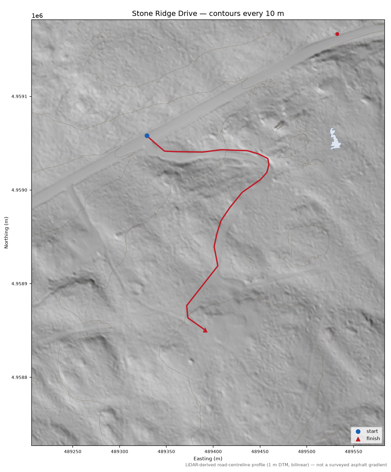 Stone Ridge Drive LiDAR hillshade map with contours