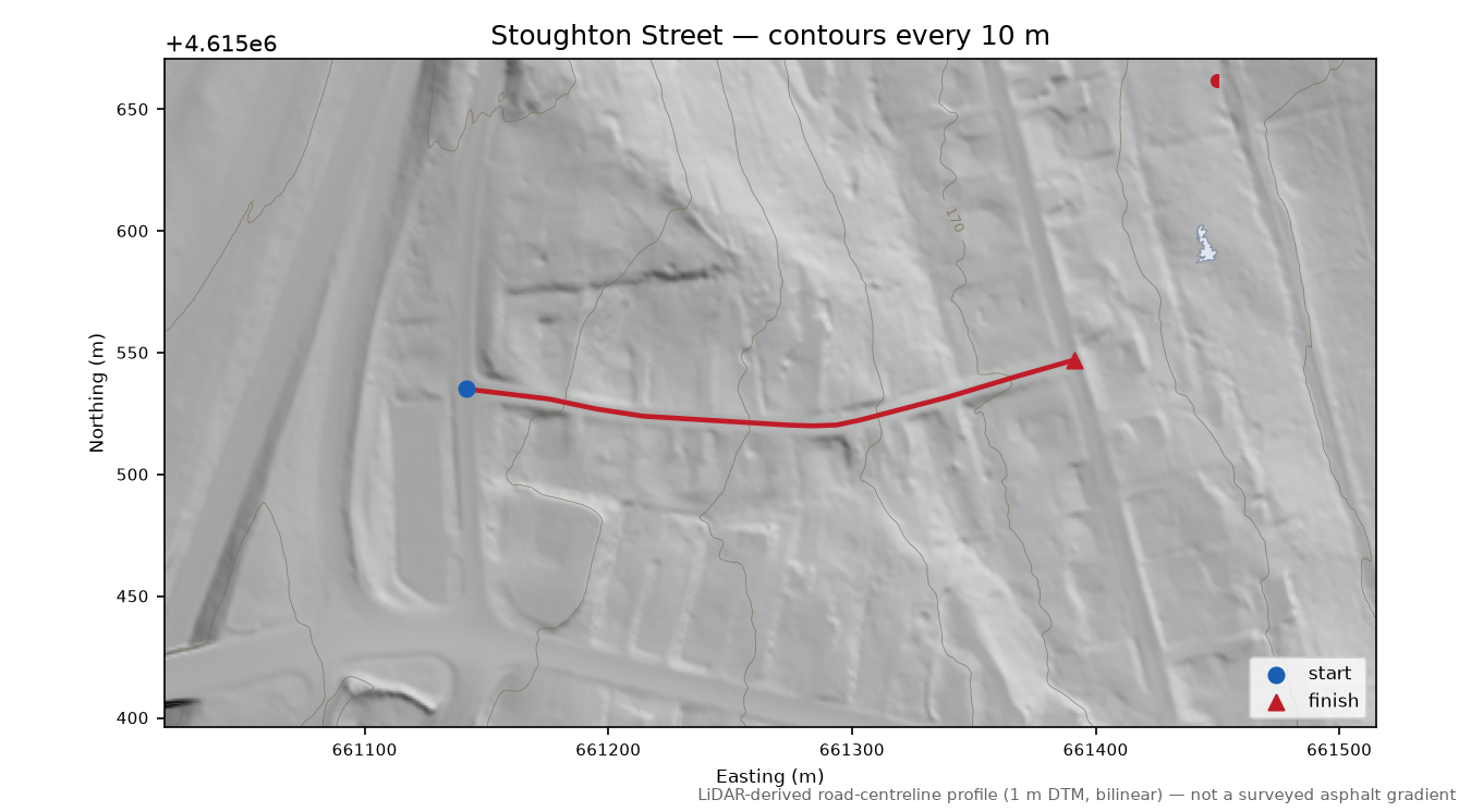 Stoughton Street LiDAR hillshade map with contours