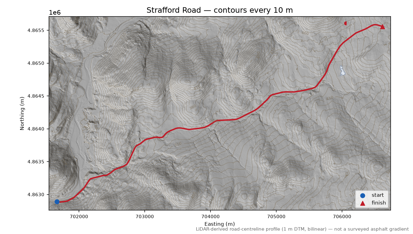 Strafford Road LiDAR hillshade map with contours