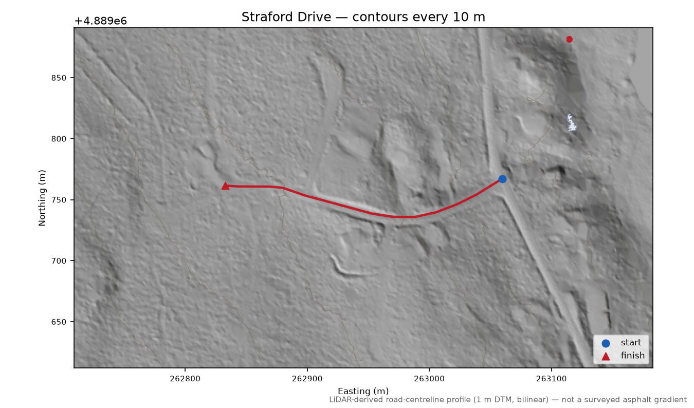Straford Drive LiDAR hillshade map with contours