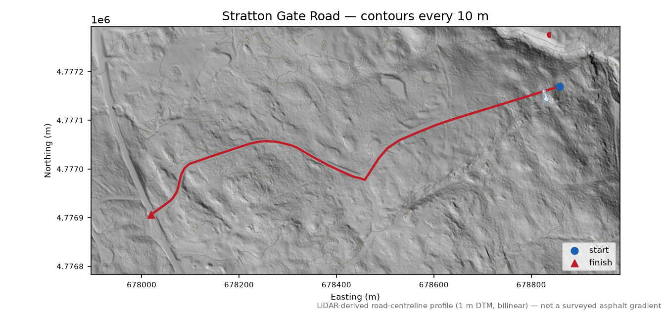 Stratton Gate Road LiDAR hillshade map with contours