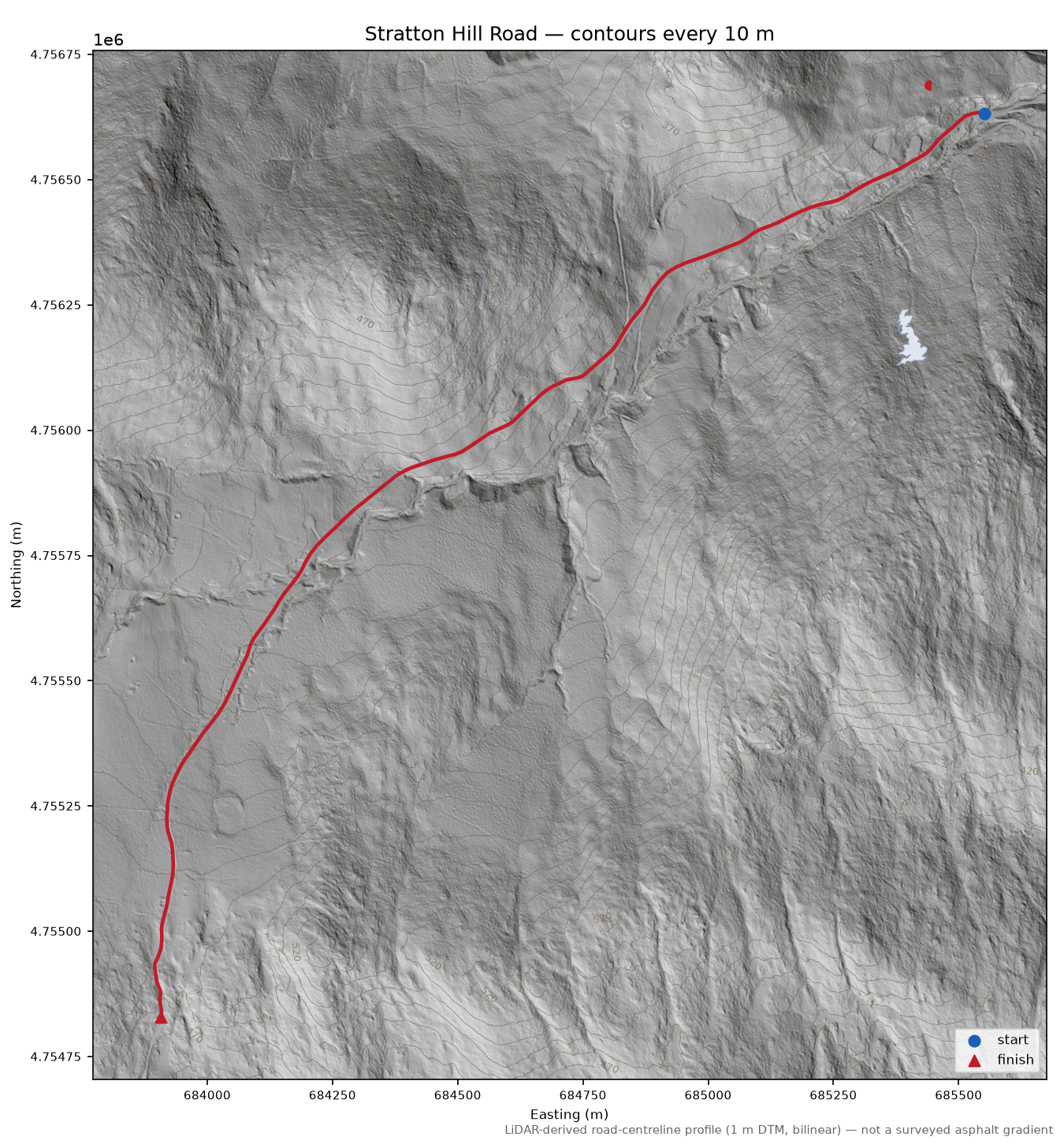 Stratton Hill Road LiDAR hillshade map with contours