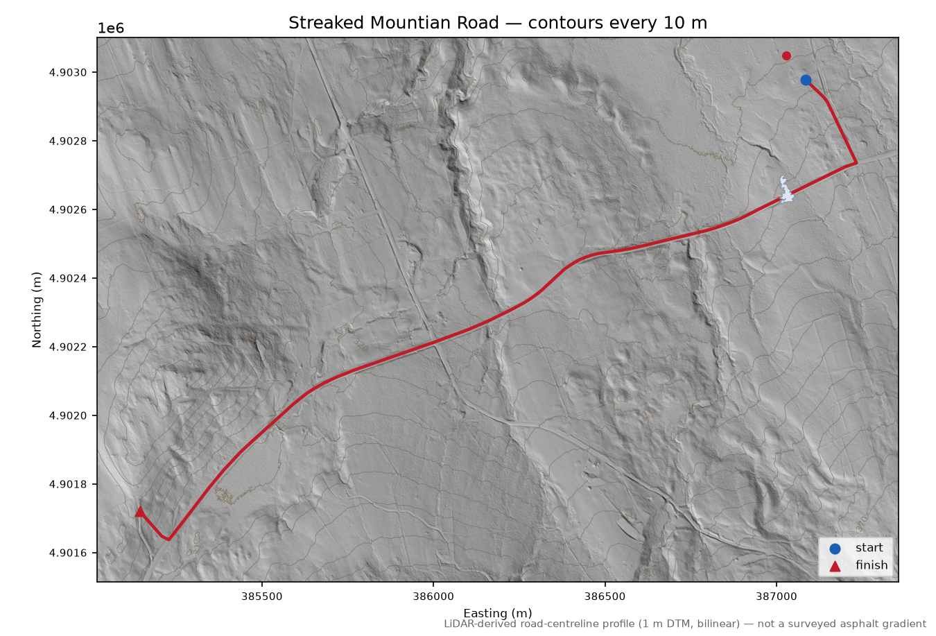 Streaked Mountian Road LiDAR hillshade map with contours